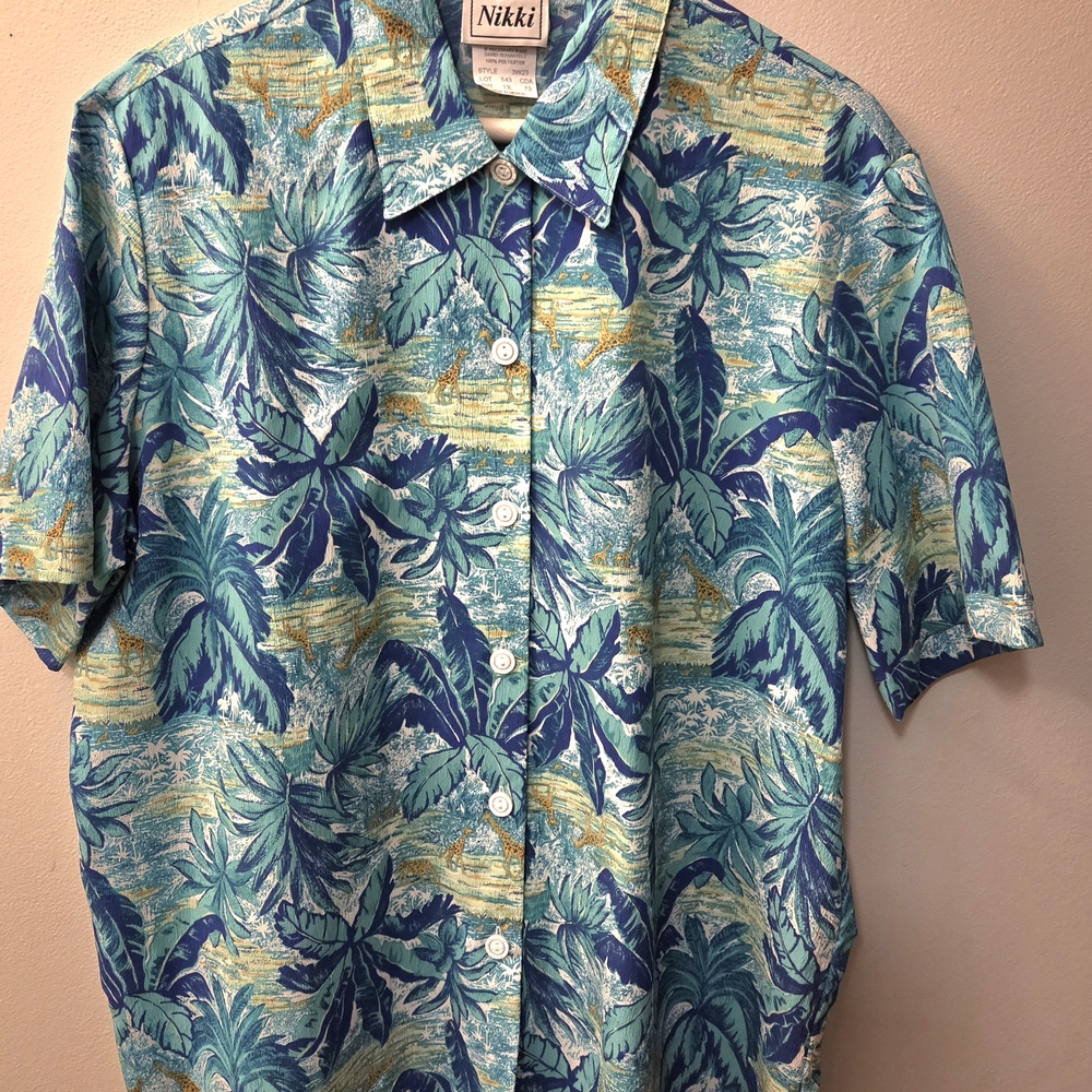 Nikki Tropical Leaf and Safari  Animals Print Women's Blouse - Teal and Yellow
